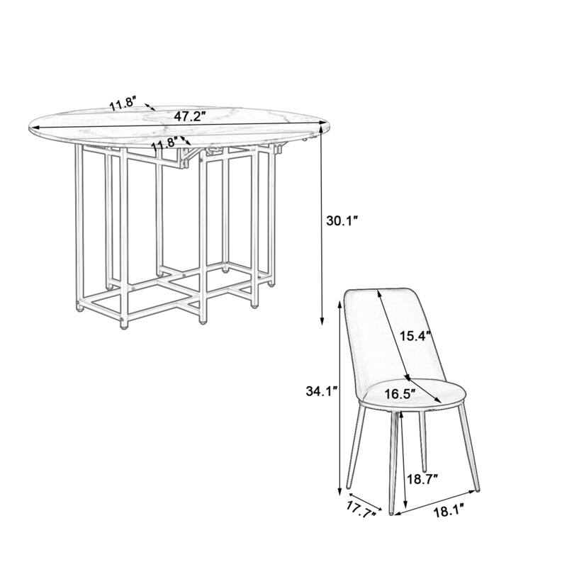 5-Piece Extendable Kitchen Dining Table Set- Round Faux Marble Top, 4 Upholstered Chairs, Compact Foldable Design