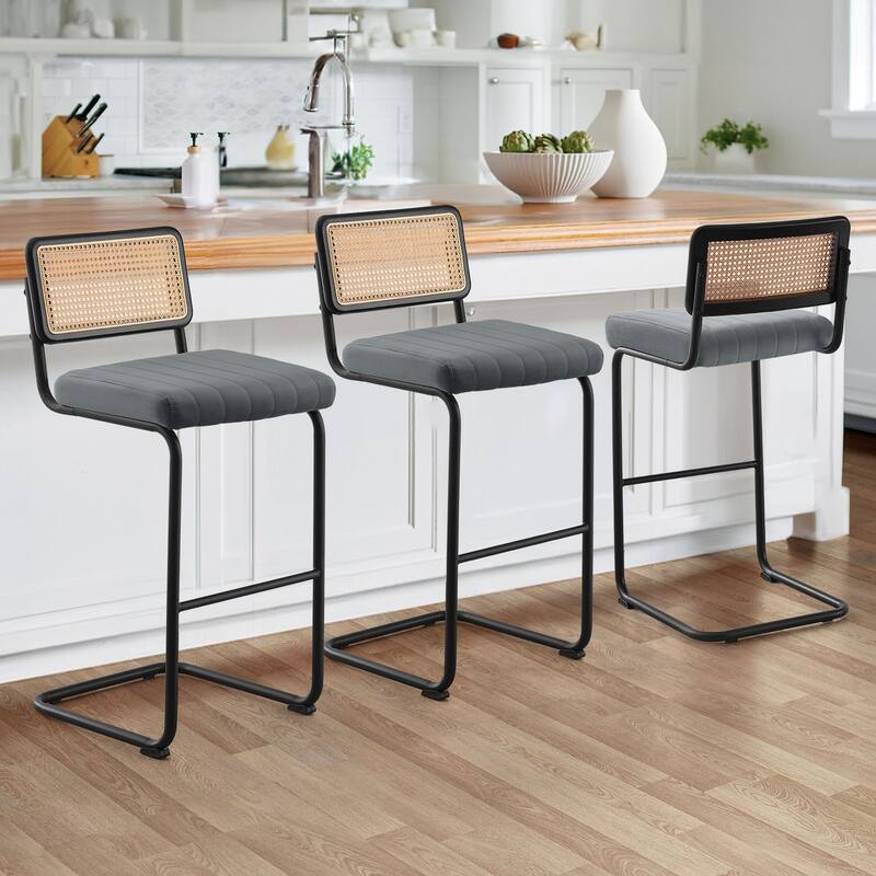Velvet Upholstered Rattan Counter/Bar Stools, Set of 2/3