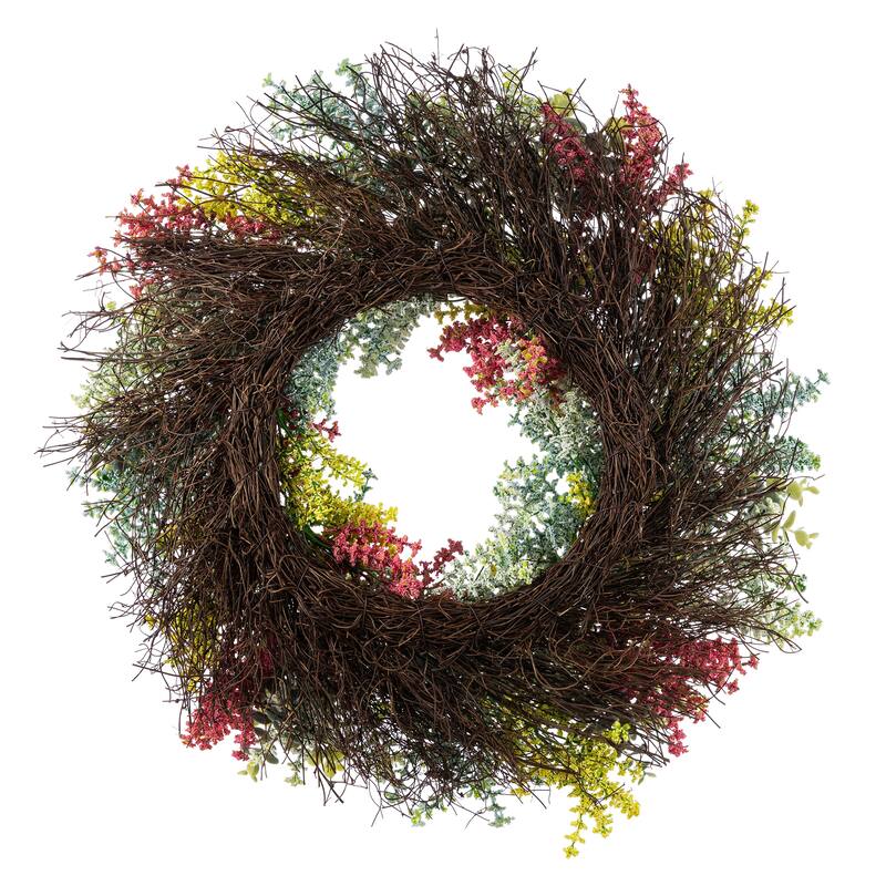 Glitzhome 24"D Mixed Floral Eucalyptus Wreath Includes a Complimentary Black Metal Wreath Hanger