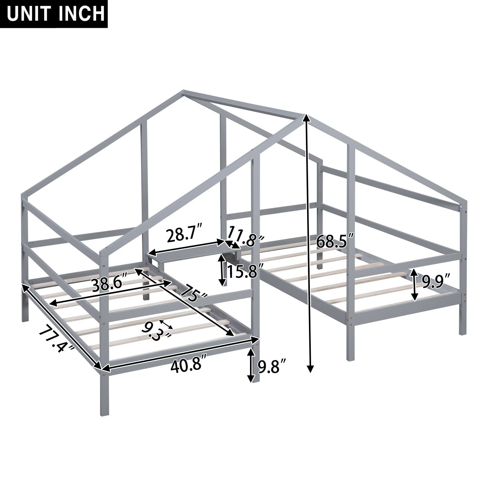 Double Twin Size Triangular House Platform Beds with Built-In Table and ...