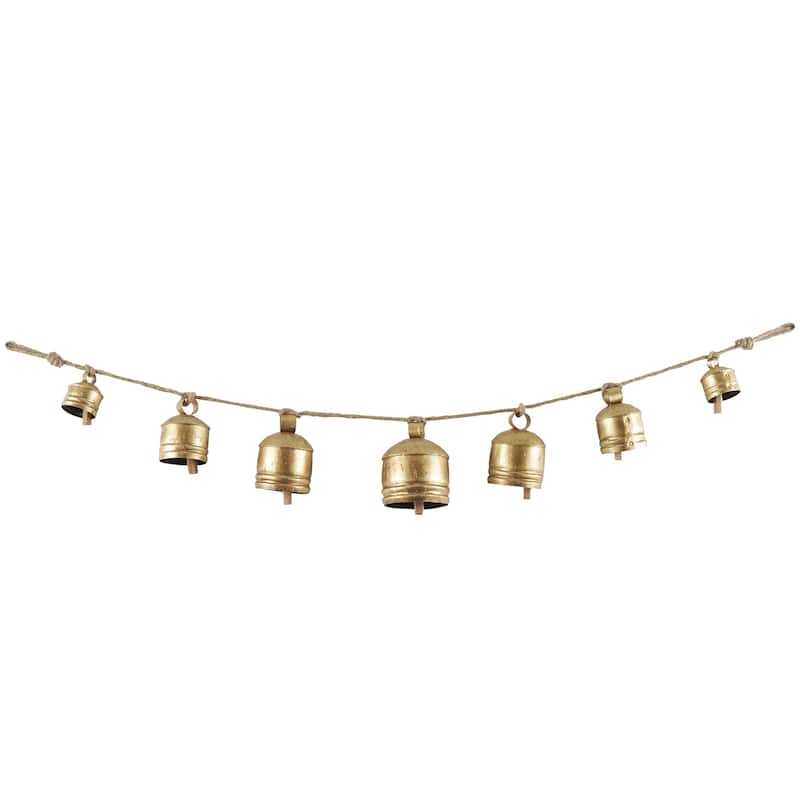 Metal Tibetan Inspired String Hanging Indoor Outdoor Decorative Cow Bells on Jute Hanging Rope - Gold - Roche River Decor - Gold - 5"W, 53"H