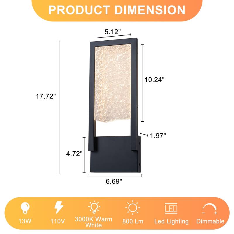 Black Metal Rectangular Water Pattern LED Dimmable Wall Sconce