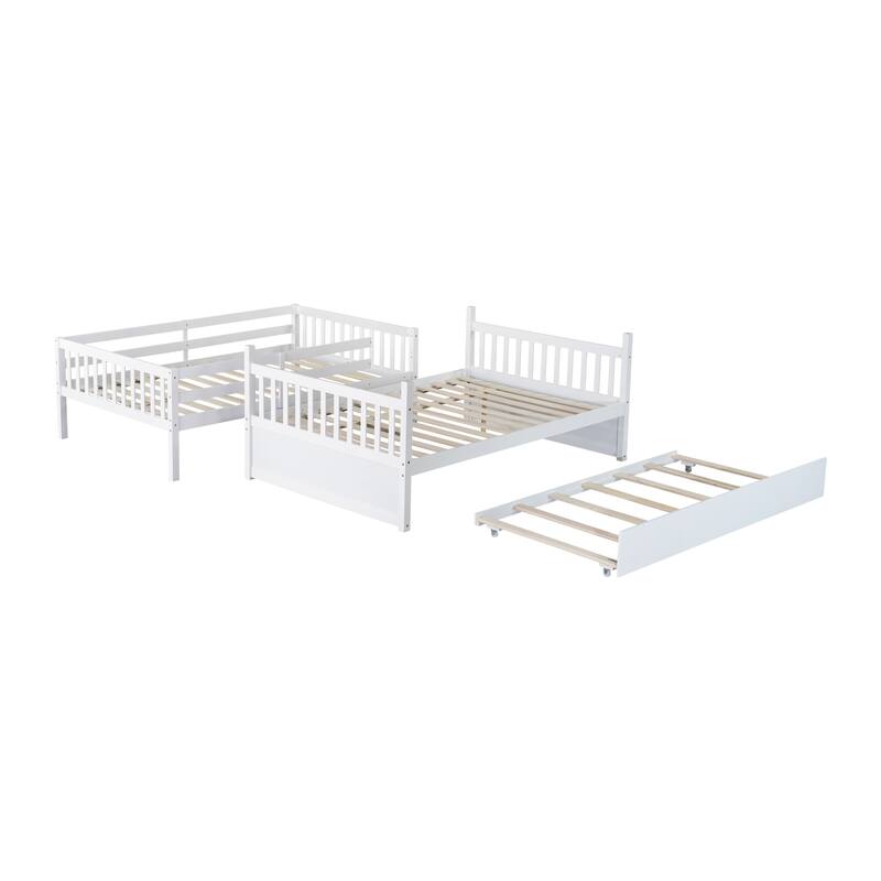 Rubber Wood Full Bunk Bed with Trundle Bed, Convertible Into 2 Separate Beds Frame, Twin over Twin Detachable Bunk Bed Frame