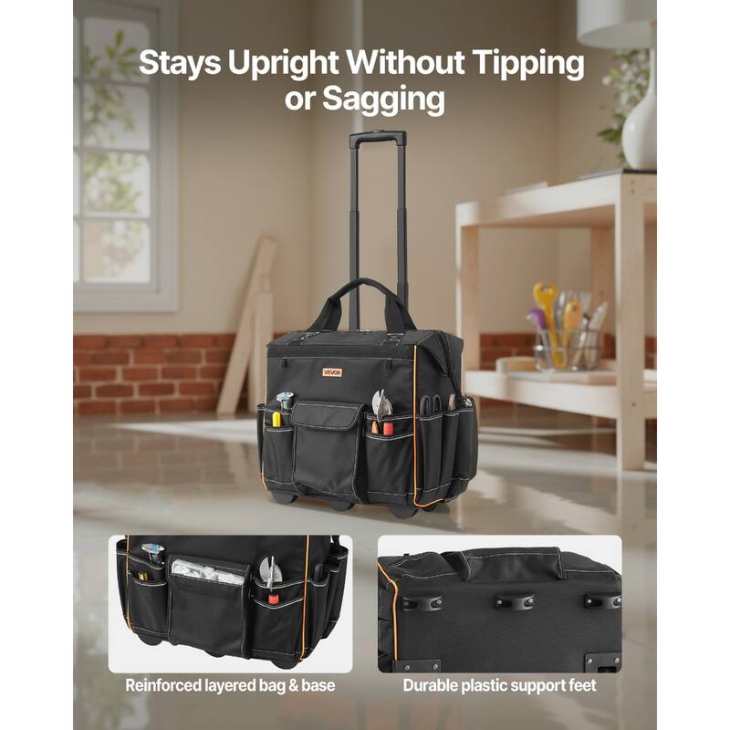 Rolling Tool Bag with 25 Pockets Telescoping Handle for Easy Mobility - 18.11 x 10.62 x 16.92 In