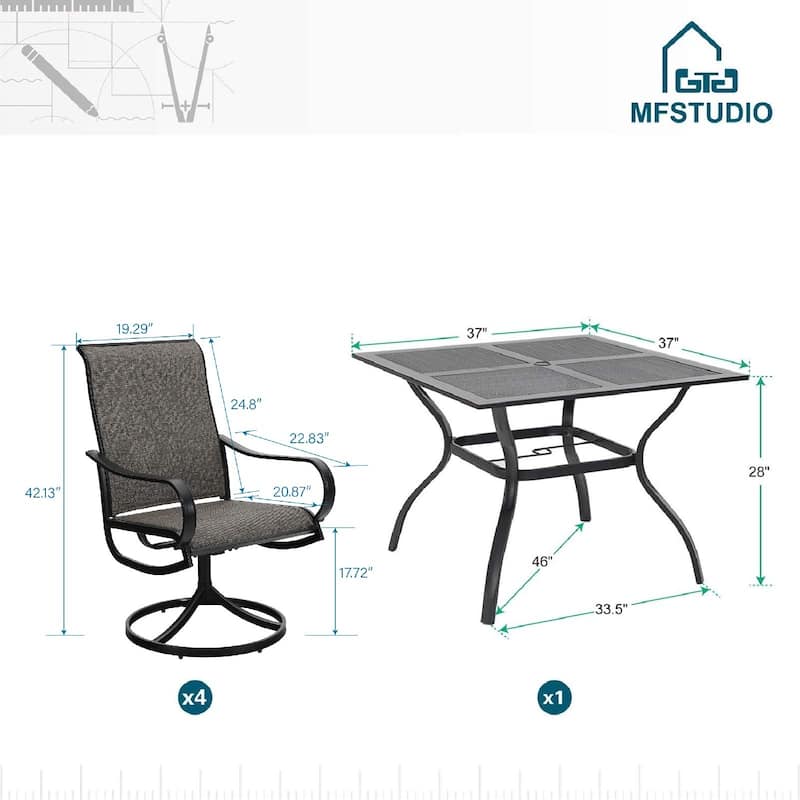 MAISON ARTS 5 Pieces Patio Dining Set, 4 Sling Dining Swivel Chairs and 37" Square Metal Mesh Table with 1.57" Umbrella Hole