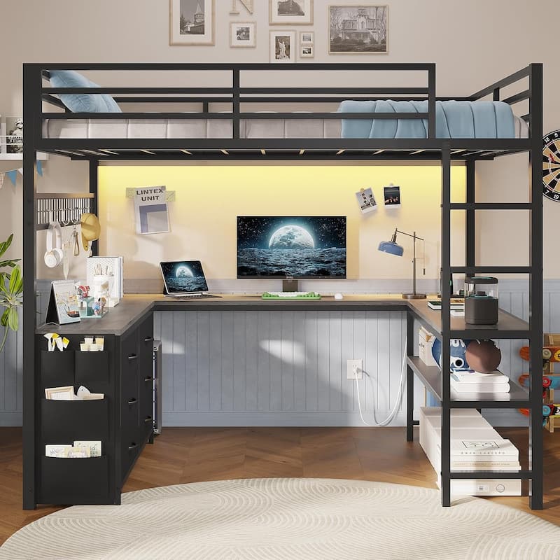 Loft Bed with Full Size U-Shaped Desk 6 Drawers Power Outlet 2 Storage Shelves