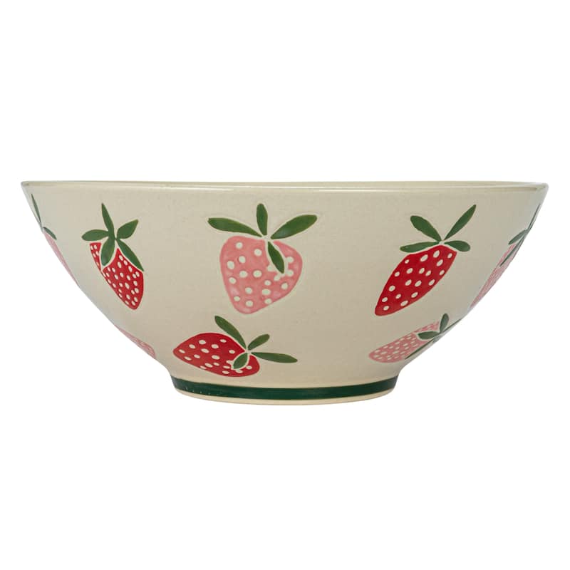 Hand-Painted Stoneware Bowls with Wax Relief Strawberries - 10.5"L x 10.5"W x 4.3"H