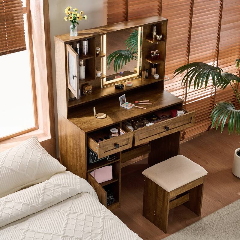 Vanity Desk with Touch Control Light Mirror, Dressing Table Set with Charging Station & Stool, Large Makeup Vanity Table