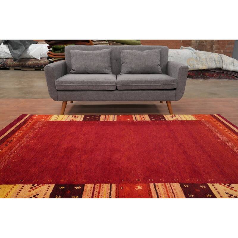 Hand Knotted Oriental 100% Wool Carpet Modern Bordered Red Gabbeh Area Rug - 7' 11'' X 5' 4''