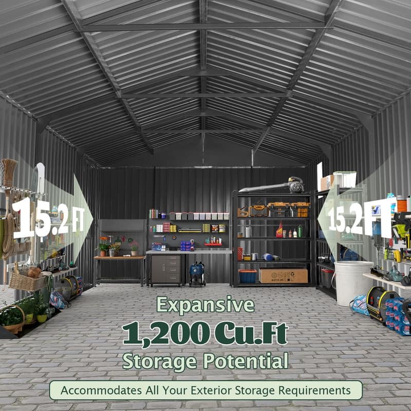 Domi 12x15FT Outdoor Metal Garage Shed,Extra Large Metal Carport with Lockable Double Doors,Heavy Duty Car Shelter,Dark Grey