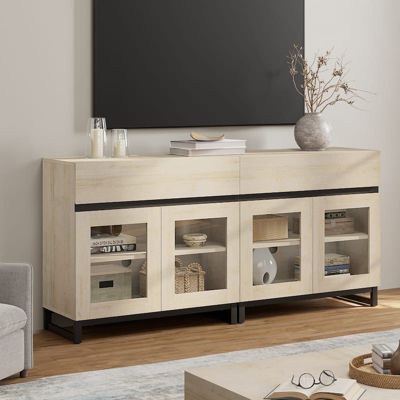 WAMPAT Modern TV Stand with Glass Doors for 110 inch TVs, Entertainment Center Console with 3 Drawers and Metal Base