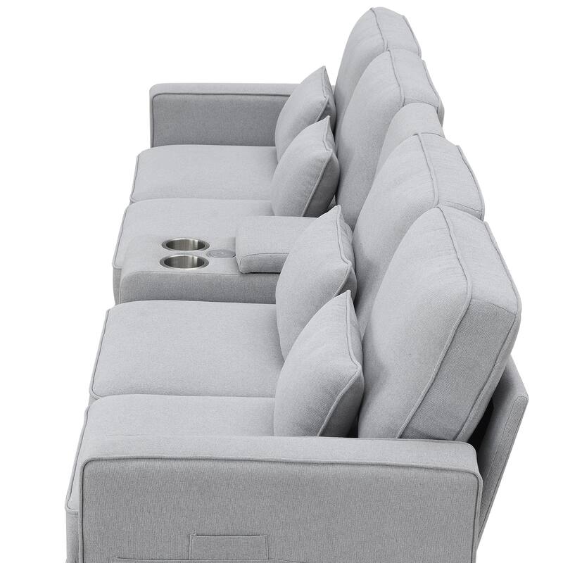 Linen Straight Row Sectional Sofa w4 Pillows, Console, Wired or Wirelessly Charged, Side Pockets, 2 Cupholders and 2 USB Ports