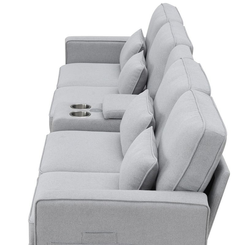 Modern 4-Seat Sofa with Console, Wireless Charging, 2 Cupholders, and 4 Pillows, Upholstered in Linen Fabric