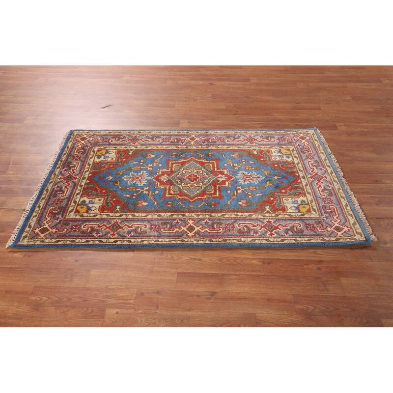 Blue Geometric Heriz Serapi Indian Foyer Rug Handmade Wool Carpet - 3'0"x 5'1"