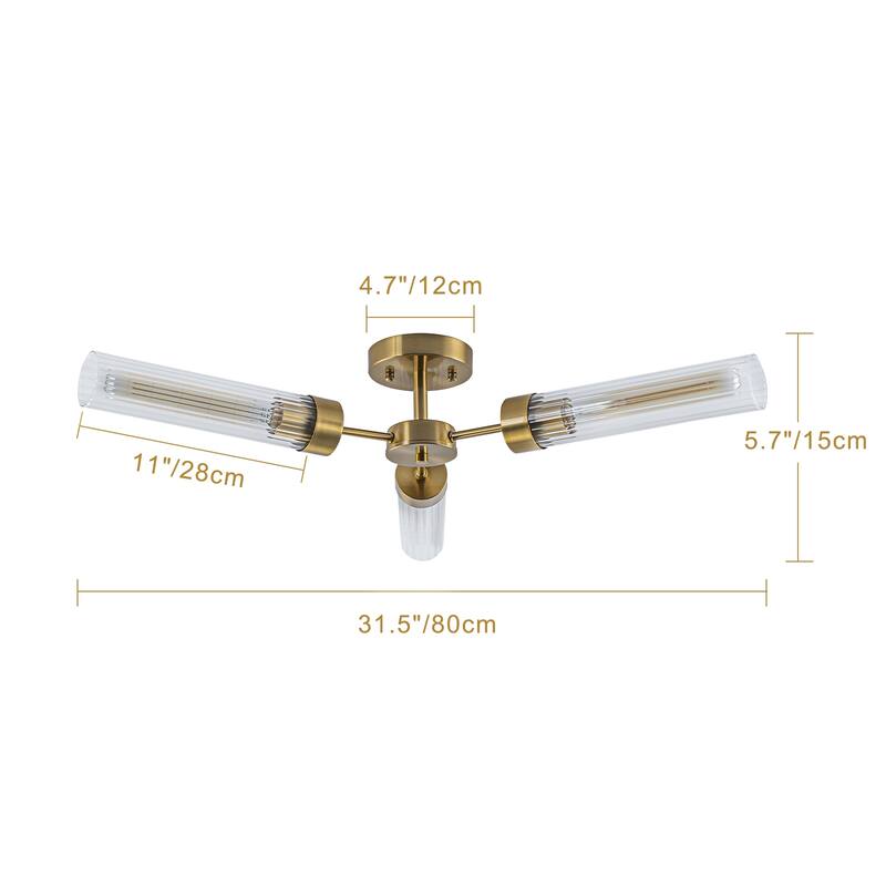 Modern Industrial 3-Light Clear Ribbed Glass Flush Mount Ceiling Light - Gold