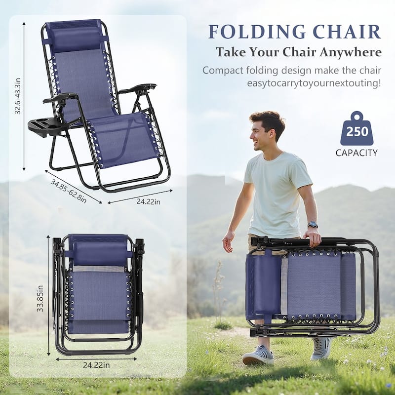 Set Of 2 Zero Gravity Chair, Patio Folding Lawn Outdoor Lounge Camp Reclining Lounge Chair for Poolside Backyard and Beach