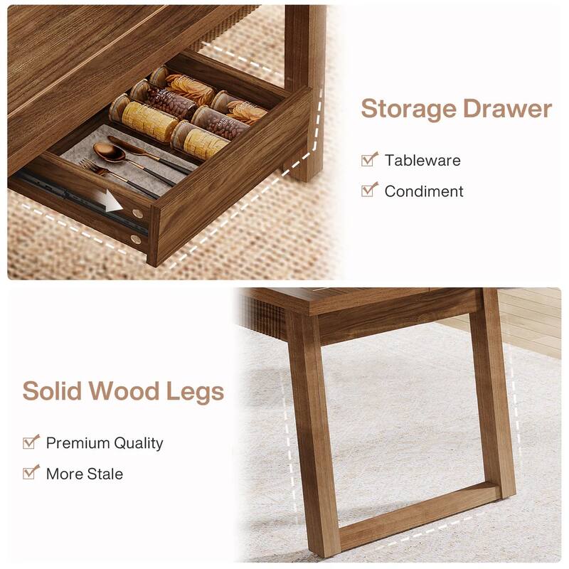 Dining Table with Hidden Drawer, Wood Kitchen Table for 4-6 People, Home Office Table with Wood Legs