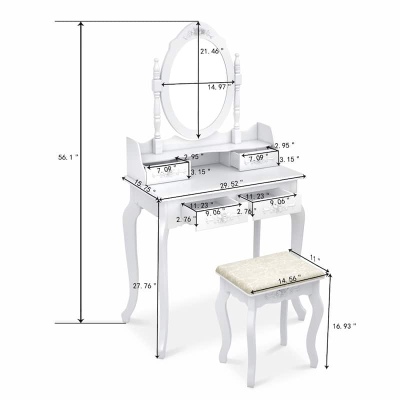 56" Mirror Dressing Vanity Table Makeup Desk with Stool White - (29.52 x 15.75 x 56.1)"