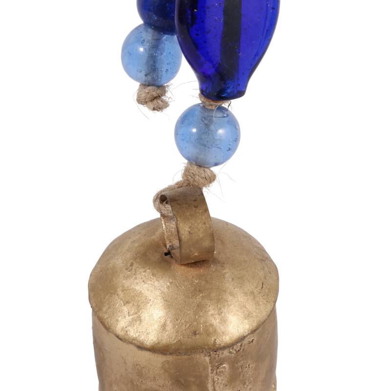 Glass Metal Wood Windchime Jute Beads Bell - 35" Gold/Blue - 2.5" x 2.5" x 35"
