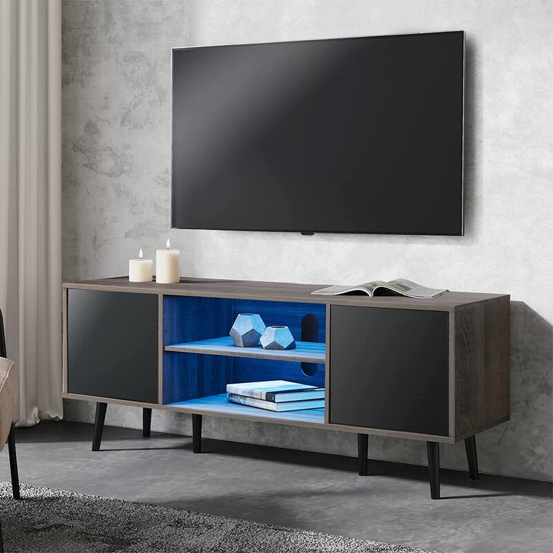 WAMPAT Mid Century Modern TV Stand 61.6 inch Black & Grey - bluelight