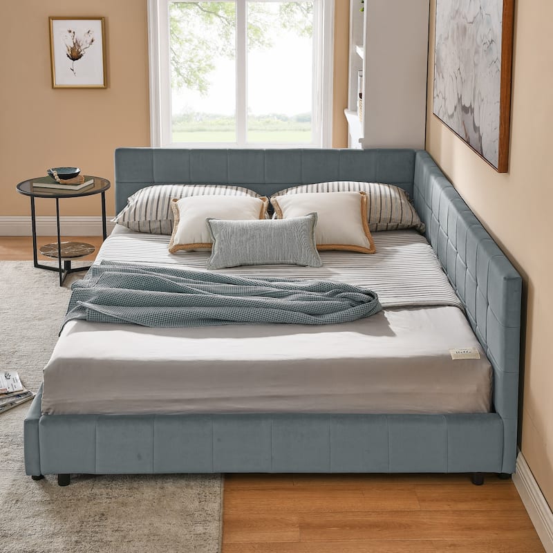 Queen Size Upholstered Tufted Bed Frame with Backrest and Armrests, Velvet Grey, Easy Assembly