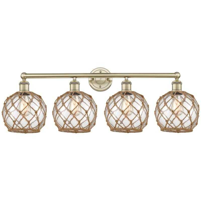 Innovations Lighting Endless Possibilities Edison - Farmhouse Rope - 4 Light 35" Bath Vanity Light - Antique Brass/Clear Glass with Brown Rope