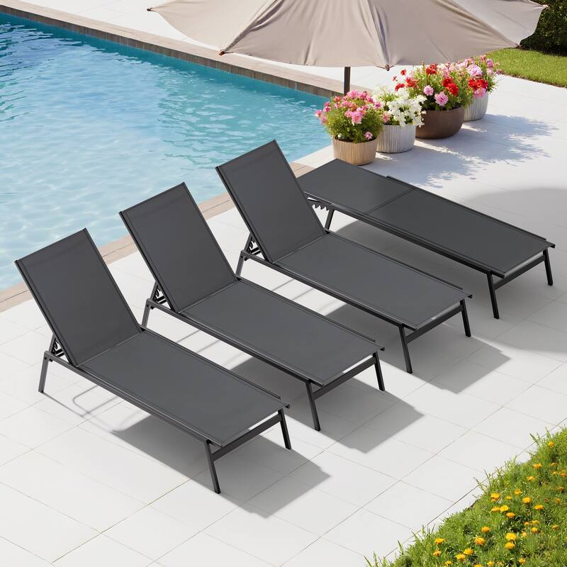 VredHom Outdoor Patio Stackable Adjustable Chaise Lounge Chairs - Black-4PC