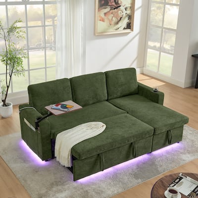 Pull Out Sleeper Sofa Bed Chenille L-shaped Sectional Couch with Storage Chaise, Retractable Table, LED, USB and Cup Holders