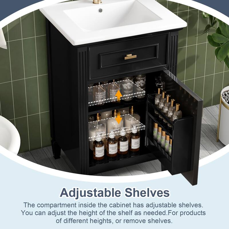 20" Bathroom Freestanding Vanity with Ceramic Sink,Solid Wood Legs,Adjustable Shelf,Tilt-Out Drawer
