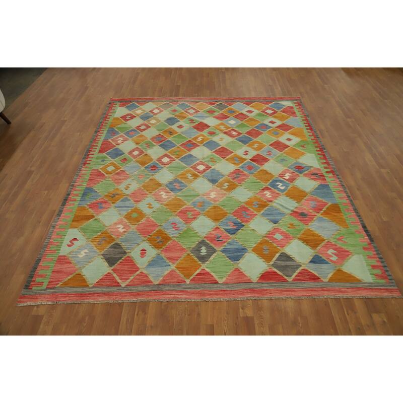 Hand Woven Oriental 100% Wool Carpet Southwestern Tribal Multi-Colored Kilim Area Rug - 9' 8'' X 8' 4''