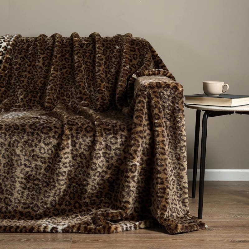 HomeRoots 50" X 70" Brown and Black Faux Fur Leopard Plush Throw Blanket