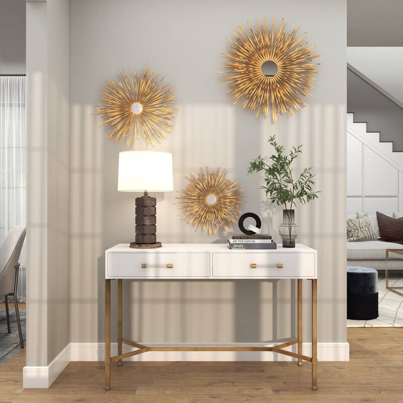 Metal 3D Looped Sunburst Wall Decor with Mirrored Center (Set of 3) - Silver or Gold