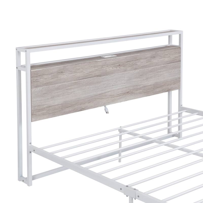 Queen Size Metal Platform Bed Frame with USB Ports,Sockets and Slat