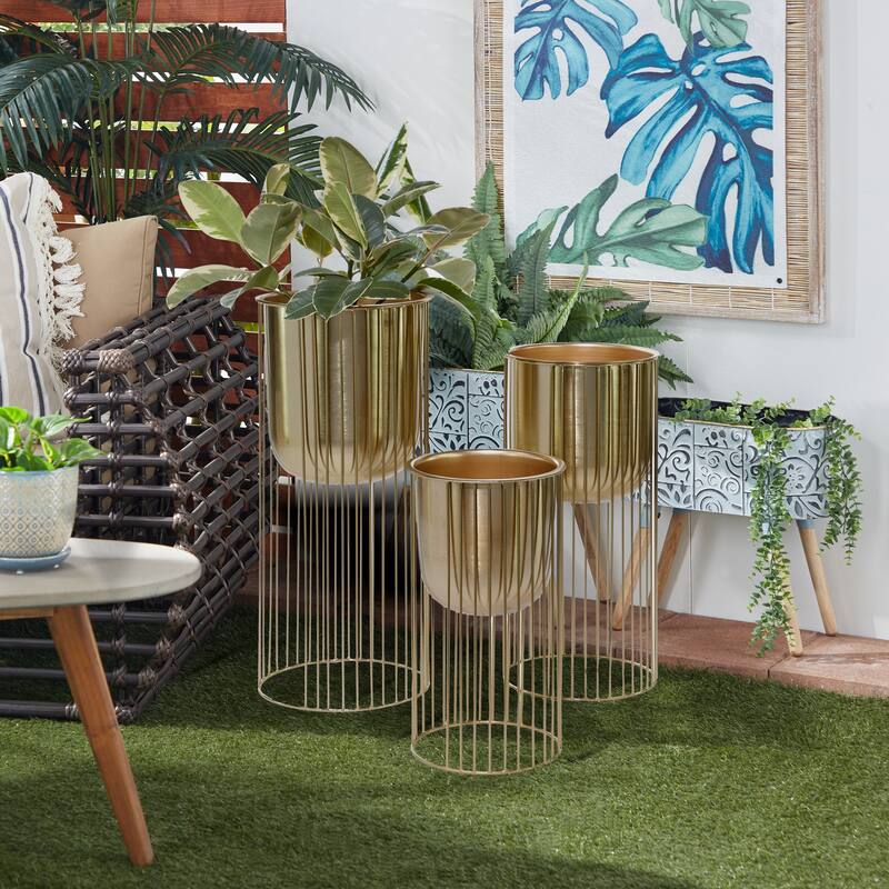 Metal Deep Recessed Dome Planter with Elevated Caged Stand - Set of 3 Gold - Roche River Decor - 11"Wx11"Lx24"H