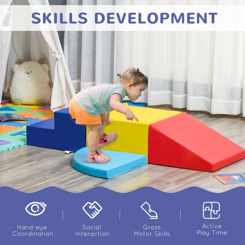 Qaba Foam Play Set for Toddlers and Children, Easy-to-clean 4 Piece Soft & Safe Kids Climbing Set for Crawling or Sliding