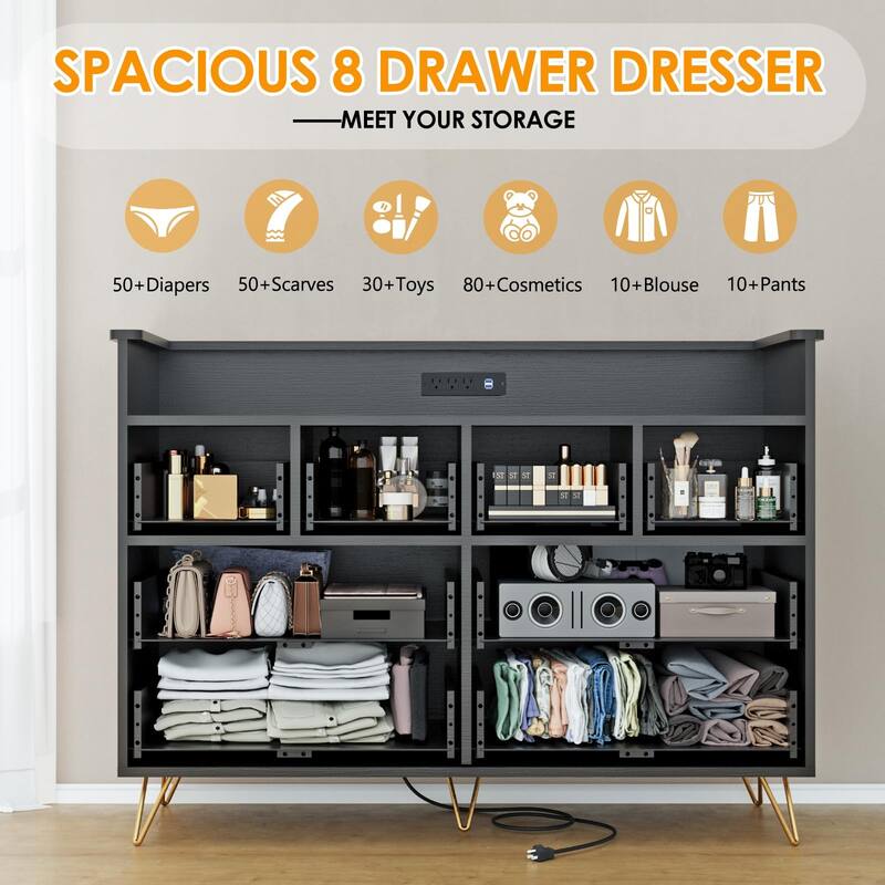 8 Drawer Dresser for Bedroom with LED Light, Charging Station & Open Shelf