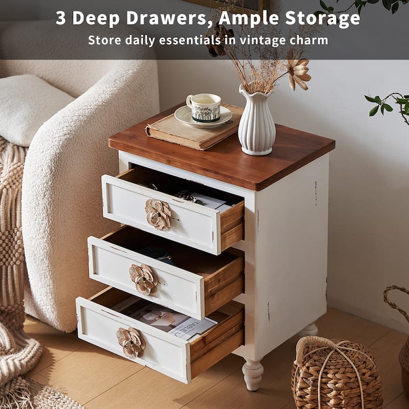 Vintage Farmhouse End Table with Floral Knobs -19"Rustic Nightstand with 3 Drawers Gourd Legs,Bedside or Sofa Accent Table