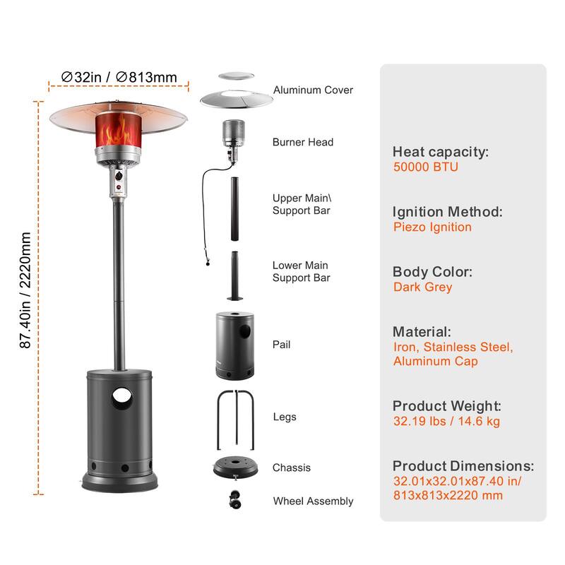Silver Outdoor Propane Patio Heater with 50000 BTU Flame Tube and Adjustable Heat for Garden - 32.01x32.01x87.40 in