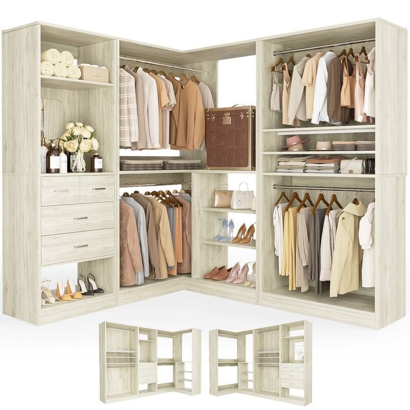 Cimly Set of 3 Corner Closet System with Hanging Rods, Space-saving Closet Organizer with Mirror - 97'' - Washed Oak