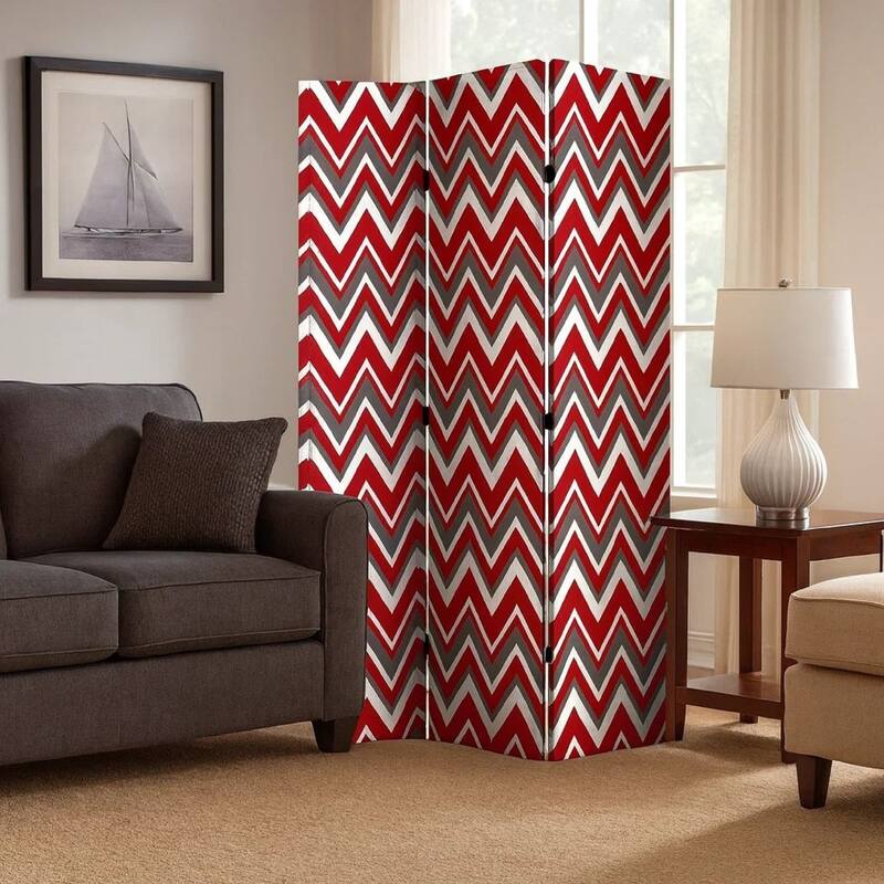 3 Panel Foldable Canvas Screen with Chevron Print, Red and White - 6 x 12