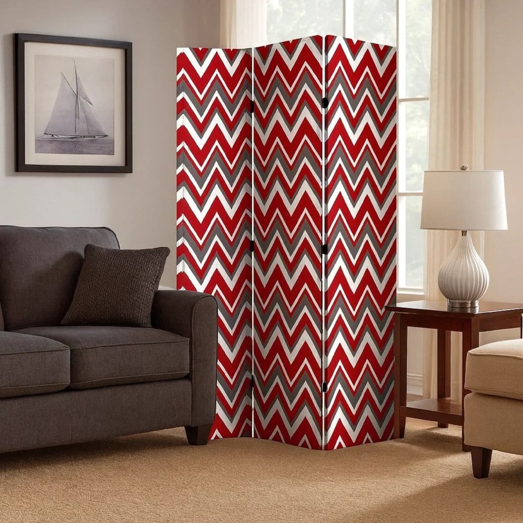 3 Panel Foldable Canvas Screen with Chevron Print, Red and White - 6 x 12
