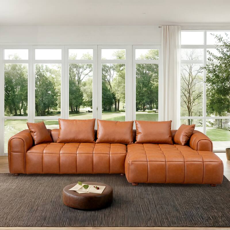 Finley Mid Century Modern Pillow Back Leather Sectional Sofa - Right Facing - Cognac