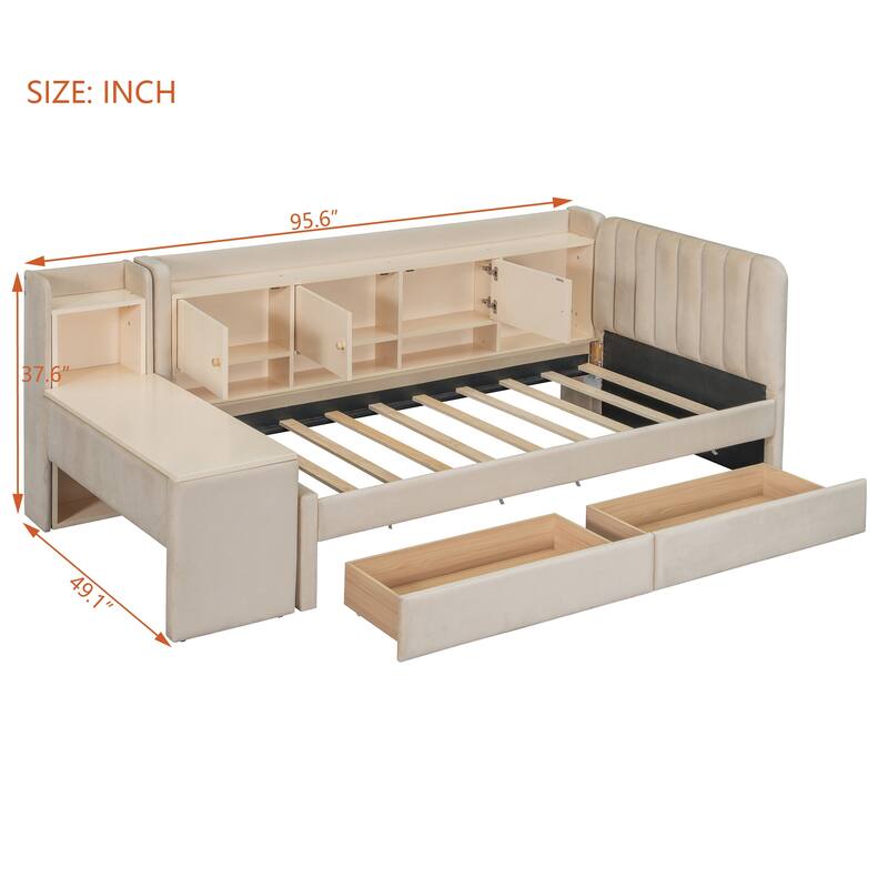 Twin Size Upholstered Daybed with Drawers, Shelves, Flip Cabinets & Side Table