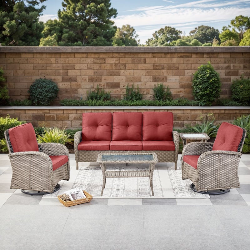 Gymojoy 5-Piece Outdoor Wicker Patio Furniture with 3 Seat Sofa & Swivel Chair, Coversation Set with Water Resistant Cushions
