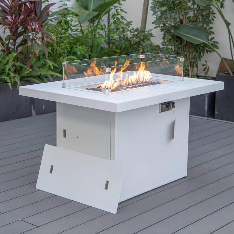 LeisureMod Chelsea 44" Modern 55000 BTU Propane Patio Fire Pit Table with Wind Guard for Porch Backyard Garden Decor - White