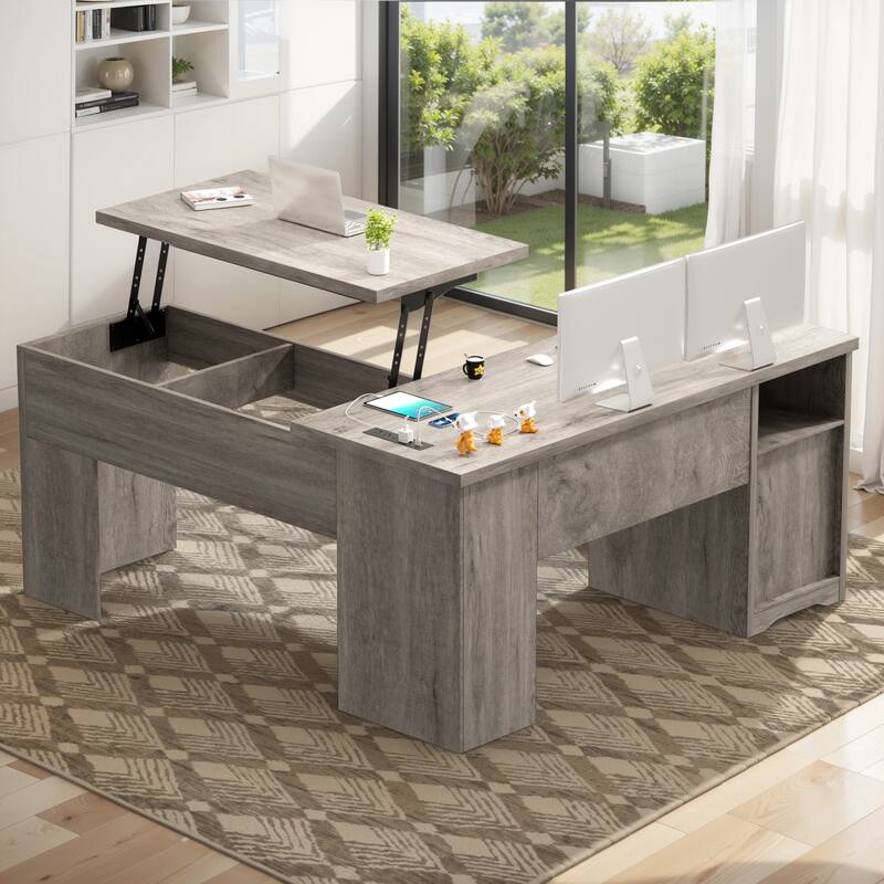 Modern Farmhouse Lift Top L-Shaped Desk with Charge Station, Corner Desk with File Drawers for Home Office