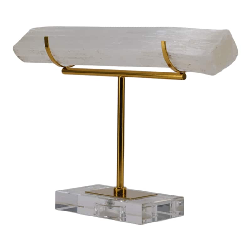 Selenite Stone Log Statuary with Metal Accents and Acrylic Base