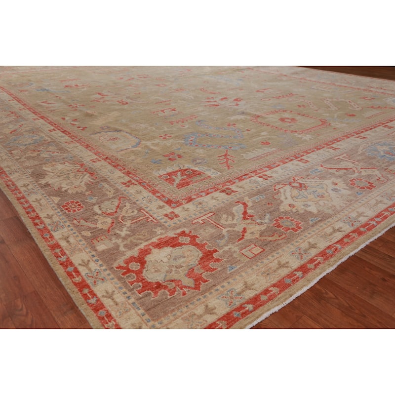 Hand Knotted Oriental 100% Wool Carpet Transitional All-Over Green Oushak Area Rug - 14' 10'' X 9' 11''