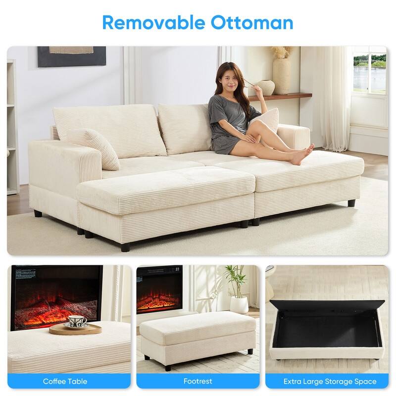 Mixoy Corduroy Chaise Lounge Deep Seat Sleeper Sofa Chair with Storage Ottoman,Upholstered 1-Seater/Loveseat Sofa Couch