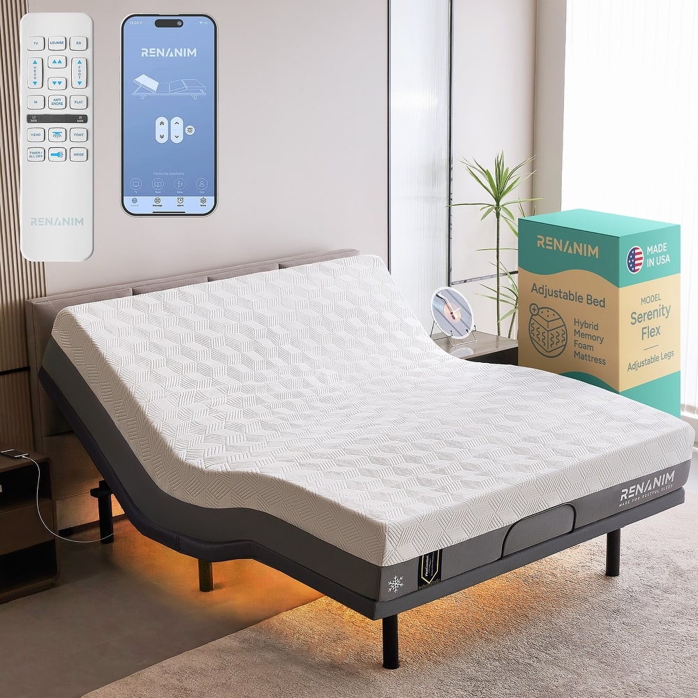 Renanim SF Adjustable Base w/ 12" Hybrid Mattress, Massage, USB, Underbed Light, App, Head & Foot Incline